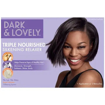 Dark and Lovely Triple Nourished Silkening Relaxer Kit Super strength packaging showing avocado and coconut oils.