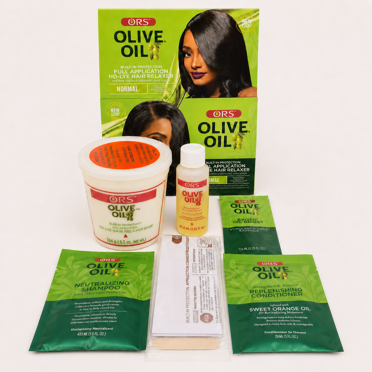 ORS Olive Oil No-Lye Relaxer Kit Normal Strength box with all included hair relaxing products