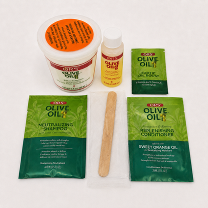 ORS Olive Oil No-Lye Relaxer Normal Strength complete kit contents including activator, shampoo and conditioner